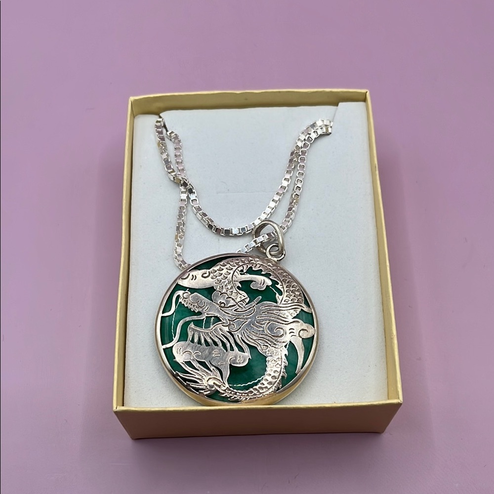 Sterling Silver and Genuine Jade Dragon Pendant Necklace